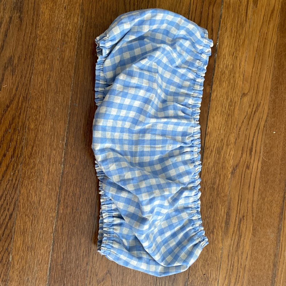 Women’s Bandeau top. Gingham blue and cream.